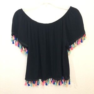 SOCIAL TEEN Juniors Large Black Colorful Tassel Trim Peasant Crop Top Blouse